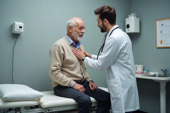 Médecin traitant effectuant un examen physique sur un patient âgé dans une salle d'examen, représentant les obligations cliniques du praticien
