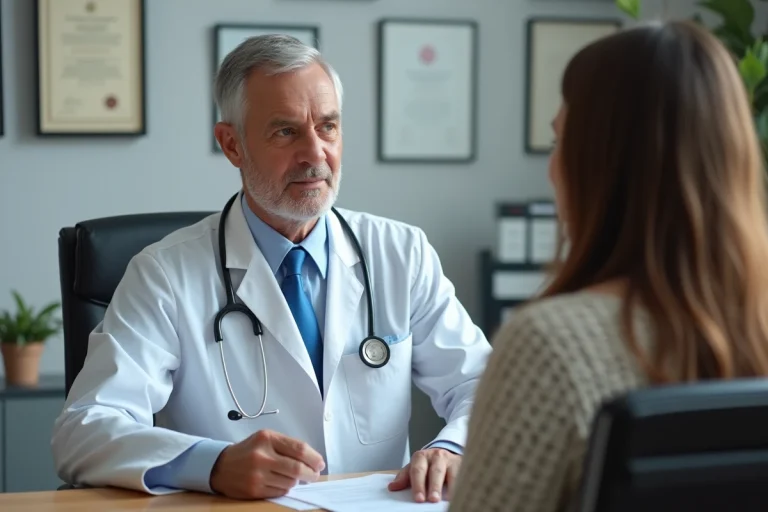 Médecin traitant en consultation avec une patiente dans un cabinet médical moderne, échangeant sur les obligations de suivi médical