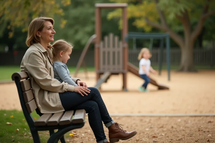 Mère sereine surveillant son enfant jouer sur une aire de jeux sécurisée avec sol amortissant