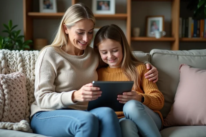Mère et fille adolescente partageant un moment complice sur le canapé en consultant une tablette ensemble