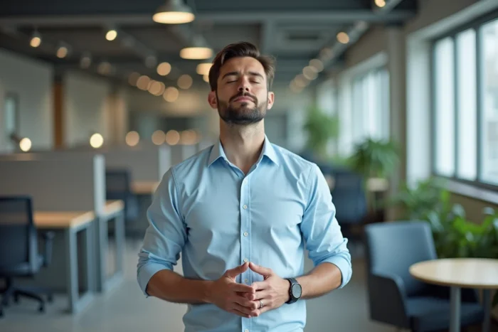 Homme pratiquant une micro-pause de pleine conscience au bureau les yeux fermés pendant sa journée de travail
