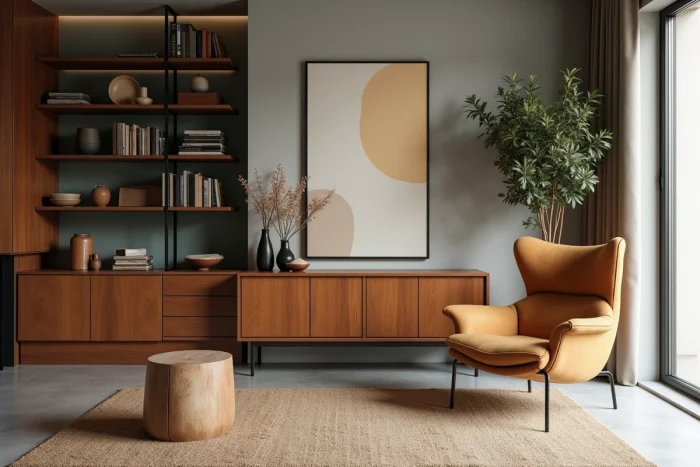 Mobilier chiné intégré à un intérieur contemporain associant pièces vintage et design moderne