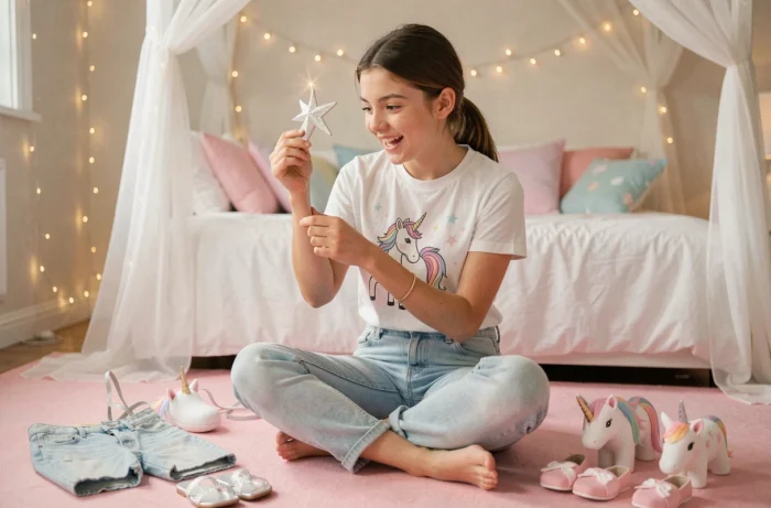 Adolescente entourée d'accessoires de mode licorne tendance dans sa chambre décorée en pastel, tenant un clip cheveux scintillant
