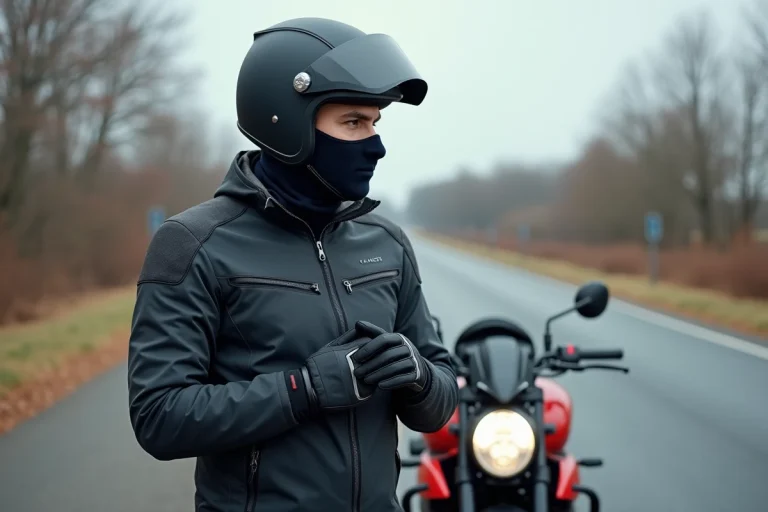 Motard portant une cagoule thermique sous son casque intégral au bord d'une route de campagne en automne