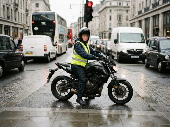 Motarde en trajet domicile-travail arrêtée à un feu rouge dans la circulation urbaine dense, moto en charge constante