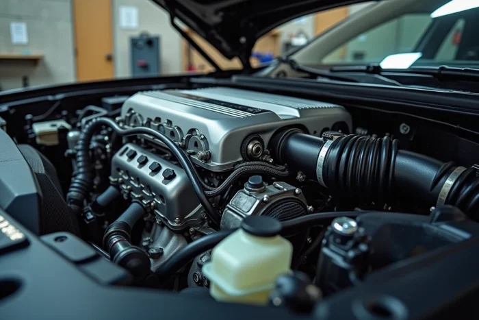 Moteur turbo quatre cylindres dans un atelier de tuning automobile préparé pour une reprogrammation ECU