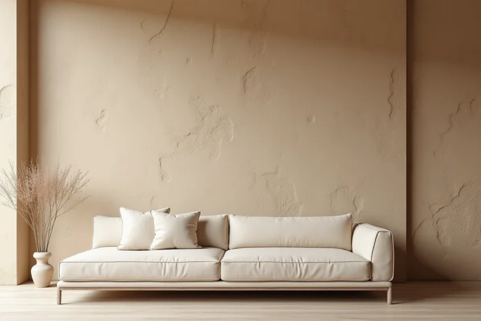 Mur d'accent en enduit texturé avec finition tadelakt et nuances sable dans un intérieur moderne