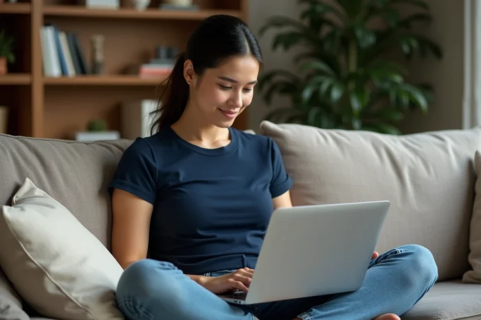 Femme naviguant sur un site de téléchargement depuis son canapé avec un ordinateur portable