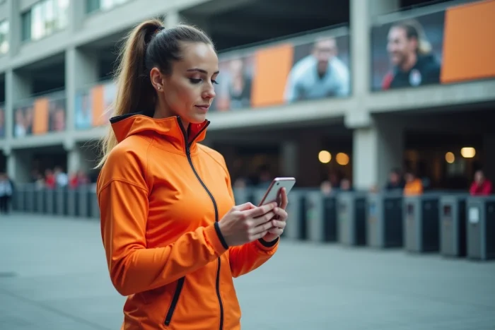 Femme consultant les nouveautés sportives sur smartphone devant l'entrée d'un stade