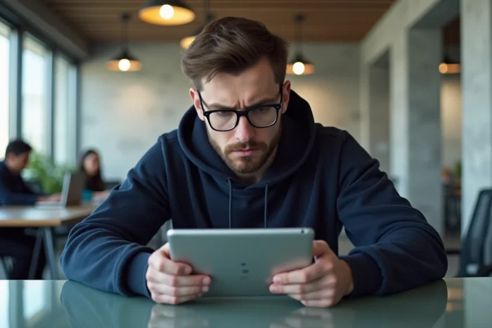 Homme novice consultant des conseils pour débuter sur une application depuis un espace de coworking