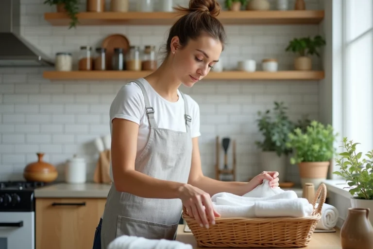 Femme organisant des produits ménagers dans une cuisine moderne avec des étagères en bois et une atmosphère rangée