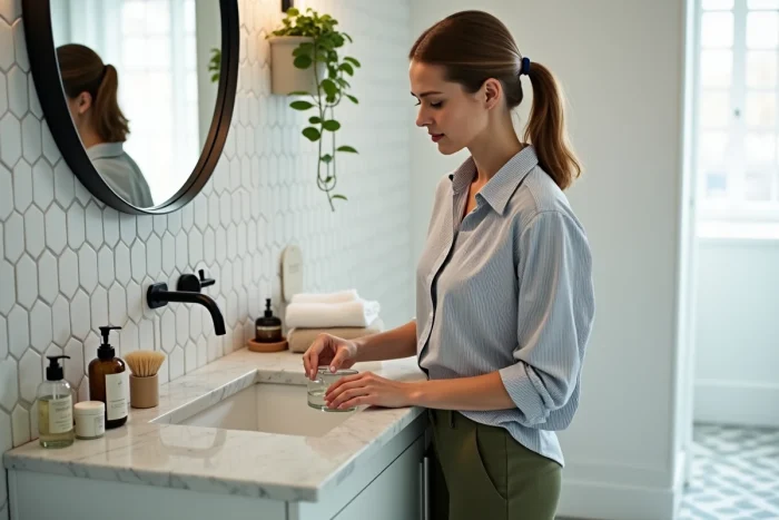 Femme organisant sa salle de bain avec des contenants en verre et des serviettes pliées sur un plan de travail en marbre