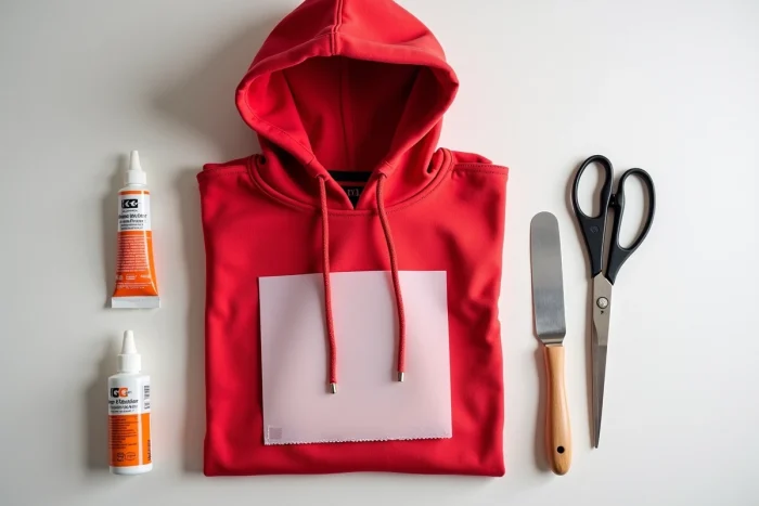 Vue de dessus d'un sweat rouge avec flocage décollé entouré des outils nécessaires pour le réparer : colle textile, spatule, ciseaux et feuille de protection en silicone
