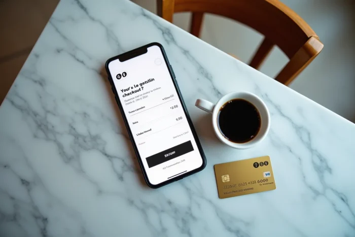 Vue de dessus d'un smartphone affichant un paiement en ligne sans étape de vérification 3D Secure, posé sur une table en marbre avec une carte bancaire