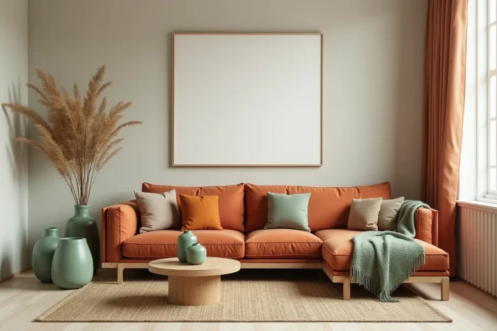 Salon décoré avec une palette terracotta et vert sauge incluant canapé argile, céramiques et textiles naturels