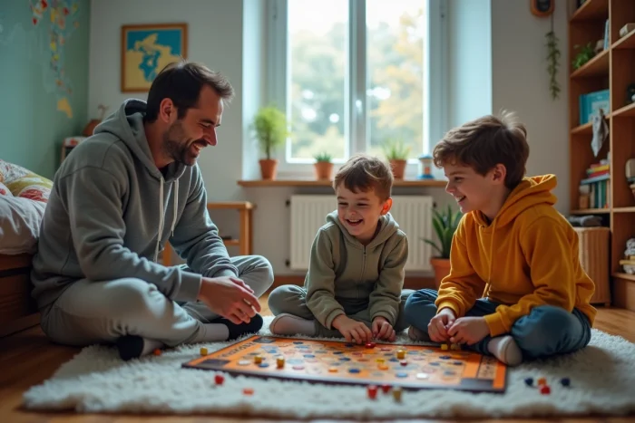 Père jouant à un jeu de société avec ses deux enfants sur le sol d'une chambre colorée un jour de pluie