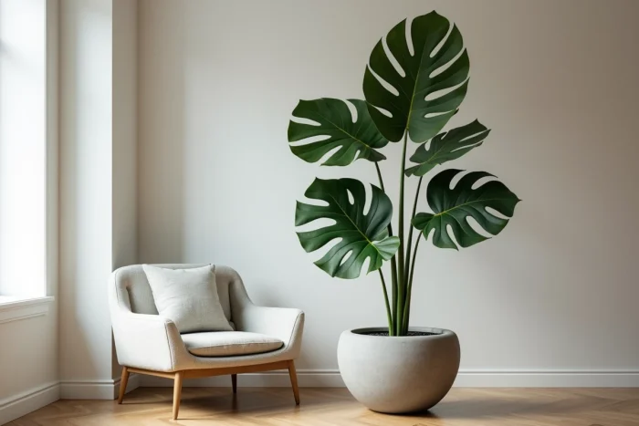 Plante architecturale en pot surdimensionné en béton mat dans un coin de salon moderne épuré