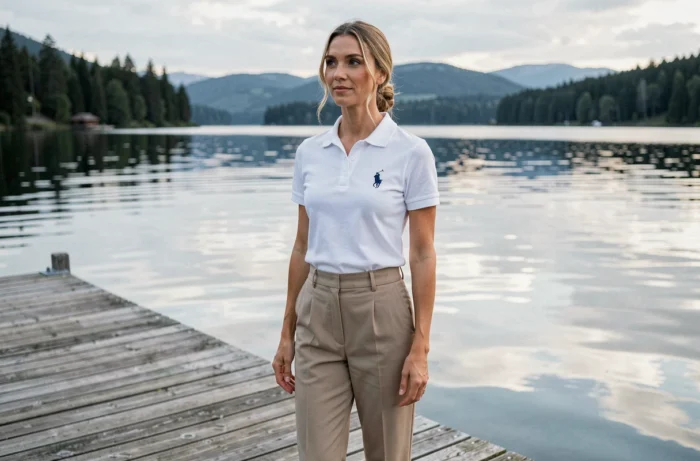 Femme élégante en polo blanc Ralph Lauren numéro 3 près d'un lac, style preppy classique et raffiné