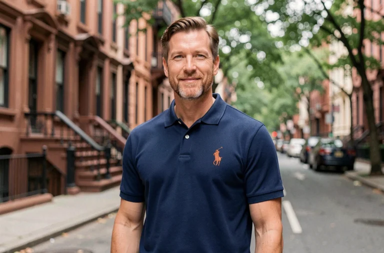 Homme portant le polo Ralph Lauren numéro 3 bleu marine dans une rue de Manhattan, logo brodé visible sur la poitrine