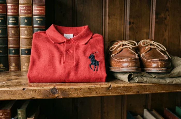 Polo Ralph Lauren numéro 3 rouge plié en gros plan, logo brodé du joueur de polo visible sur fond de bibliothèque en bois