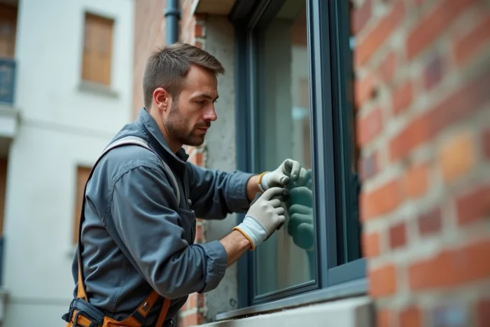 Vitrier professionnel en train de poser un verre dormant sur la façade d'une maison contemporaine
