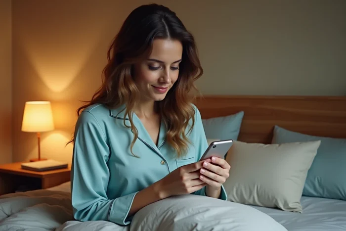 Femme posant son smartphone sur la table de nuit avant de dormir pour réduire la surcharge mentale