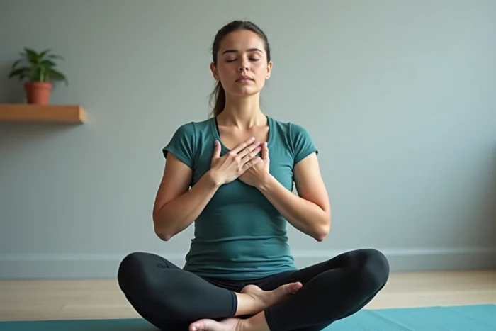 Femme pratiquant la cohérence cardiaque avec les mains posées sur la poitrine dans une pièce apaisante