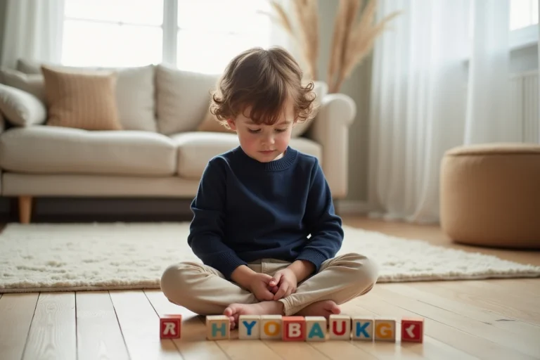 Jeune garçon prénommé Noah assis sur un parquet avec des cubes en bois formant des lettres, ambiance scandinave chaleureuse