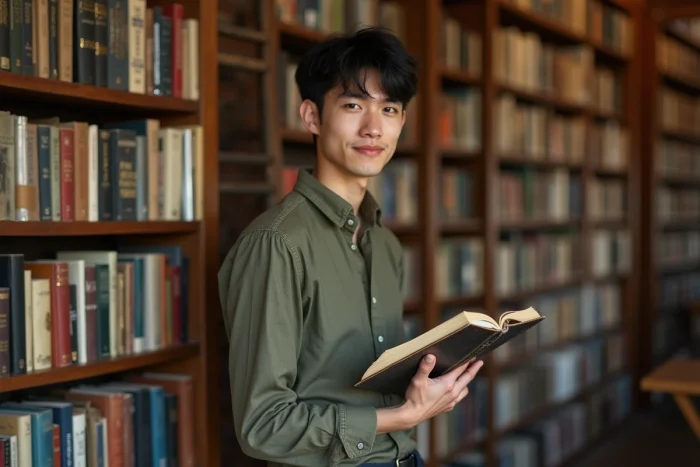 Jeune homme dans la vingtaine dans une librairie indépendante tenant un livre, ambiance littéraire chaleureuse évoquant le prénom Noah