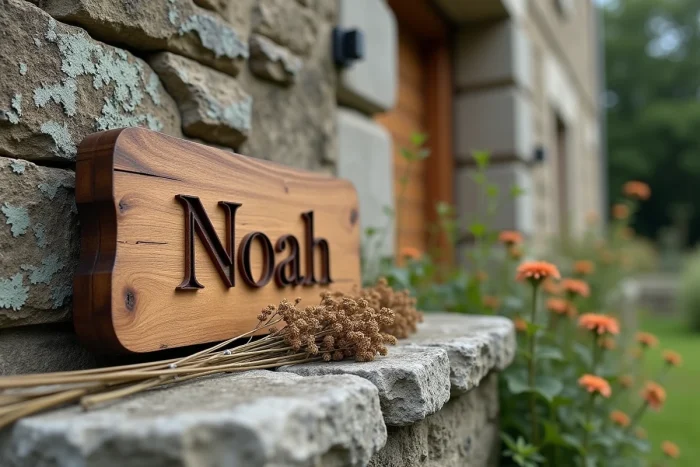Plaque en bois gravée du prénom Noah posée contre un mur en pierre rustique avec des fleurs séchées, décor campagne française