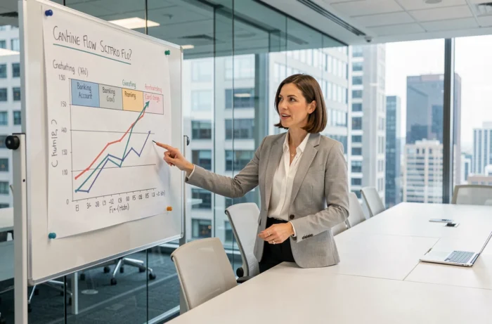 Professionnelle de la finance présentant les mouvements du compte banque 513 lors d'une réunion d'entreprise
