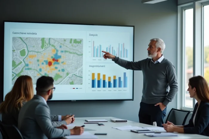 Urbaniste présentant des tendances du marché immobilier sur un écran dans un espace de coworking