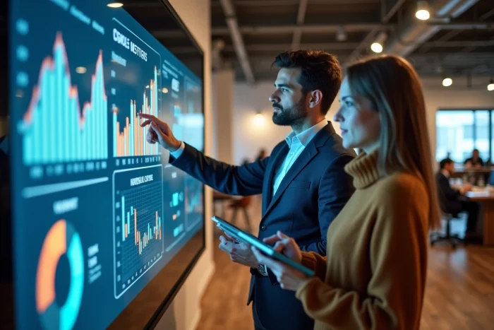 Deux professionnels en gestion de patrimoine analysant des graphiques d'investissement sur un écran interactif dans un espace de travail moderne