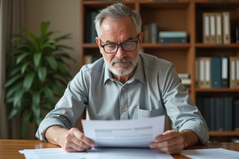 Propriétaire bailleur examinant les documents de prolongation du dispositif Scellier à son bureau à domicile