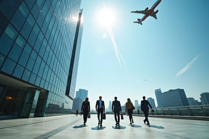 Immeuble financier avec avion Airbus survolant le quartier d'affaires symbolisant la performance boursière