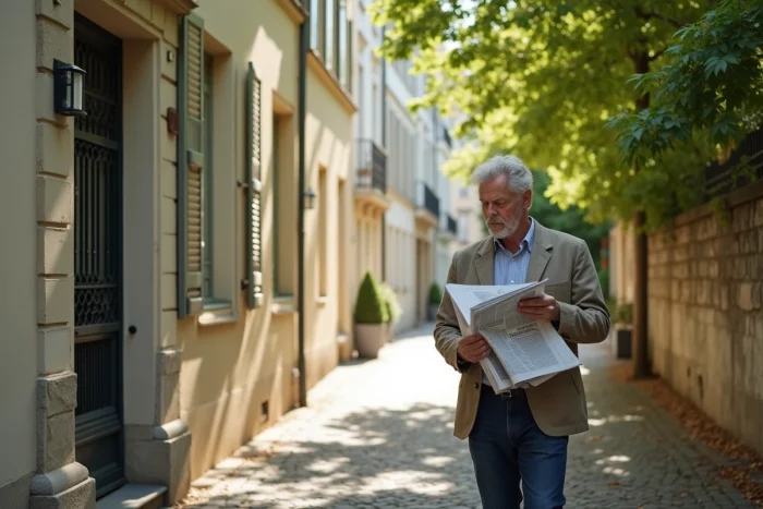 Rue résidentielle calme du quartier Saint-Louis rive gauche de Versailles avec maison de ville classique et habitant