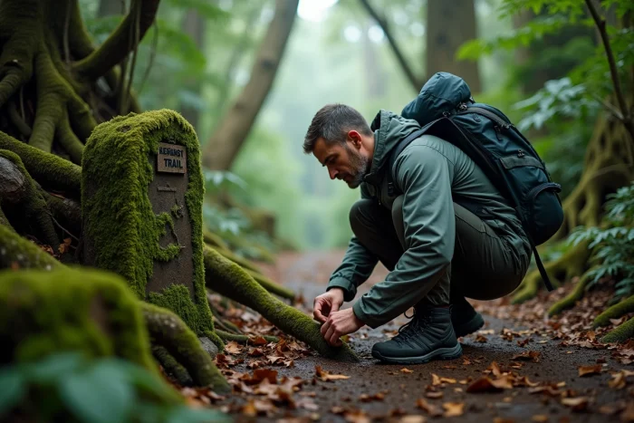 Randonneur ajustant ses chaussures sur un sentier de forêt tropicale luxuriante