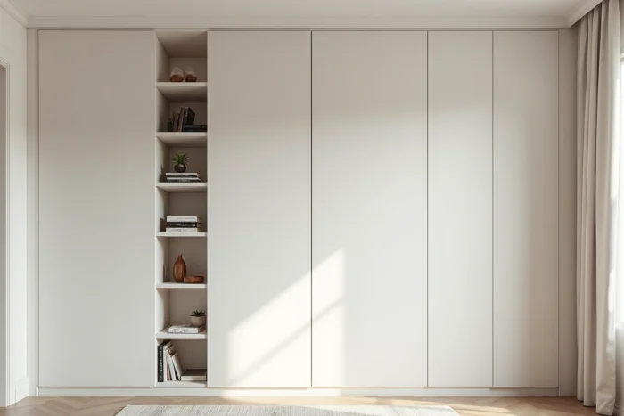 Rangement intégré et invisible avec façades encastrées flush dans un mur de salon contemporain