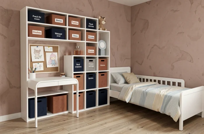 Modular storage in a neutral children's room with ergonomic desk, safety barrier bed, and optimized organization