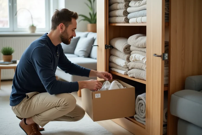 Homme rangeant des boîtes de rangement étiquetées dans un meuble de salon bien organisé