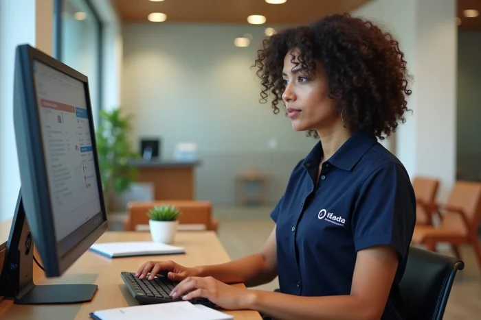 Réceptionniste de clinique vétérinaire gérant les rendez-vous et dossiers clients sur le logiciel GMVET