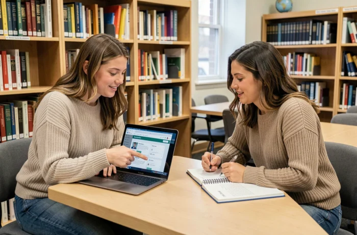 Two young women searching together for job offers in education in a university library