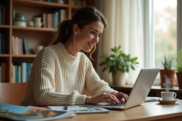 Femme cherchant un hébergement de voyage sur son ordinateur portable dans un bureau à domicile chaleureux