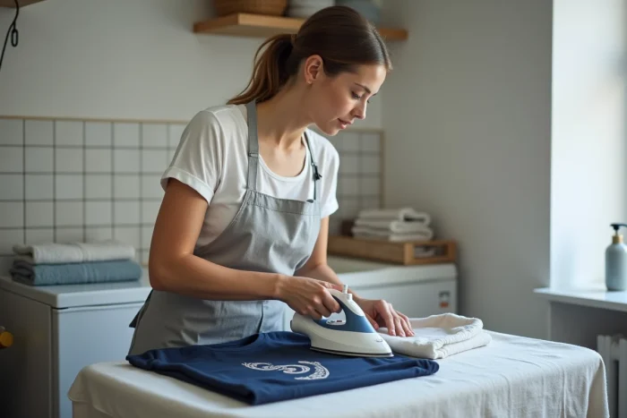 Femme repassant délicatement un t-shirt bleu marine avec un fer à vapeur pour recoller un flocage décoré, dans une buanderie domestique soignée