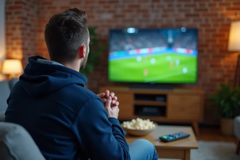 Homme regardant un match de football en streaming légalement sur sa télévision connectée depuis son salon