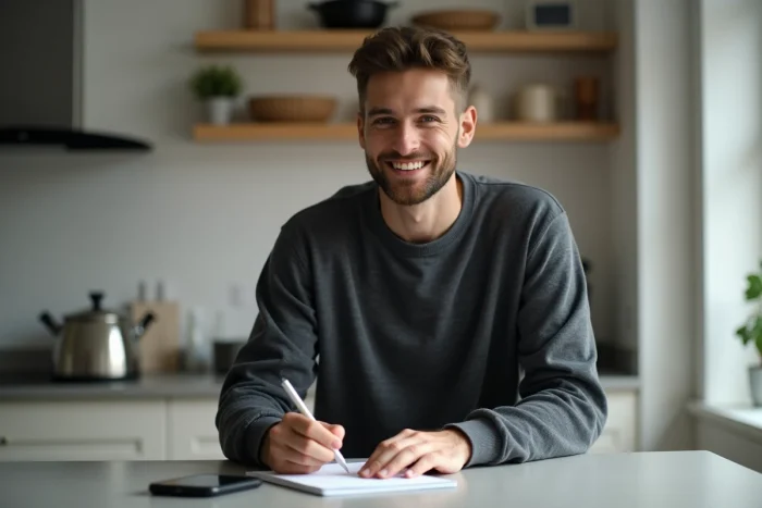 Homme passant immédiatement à l'action en écrivant une tâche rapide sur un bloc-notes selon la règle des deux minutes