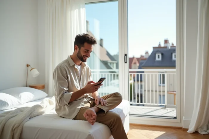 Jeune homme consultant sa confirmation de réservation d'appartement de vacances sur son smartphone