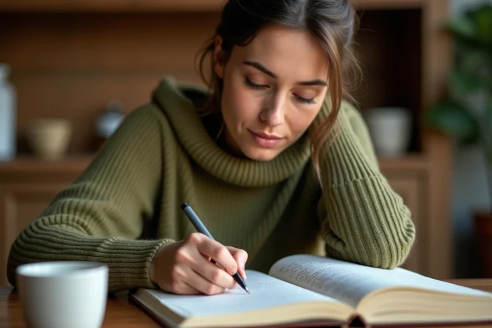 Femme pratiquant la restructuration cognitive en écrivant des contre-pensées dans un cahier structuré