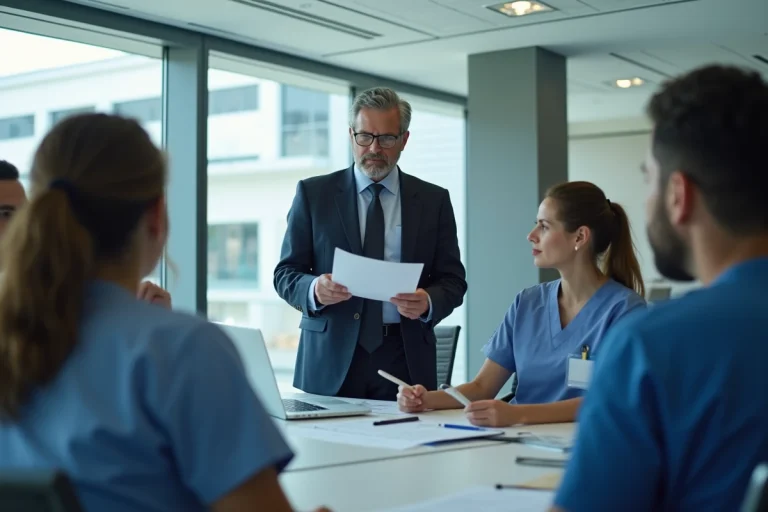 Réunion de direction dans un hôpital moderne pour adapter les missions du service public hospitalier au principe de mutabilité