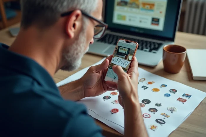 Homme photographiant des vignettes Armor Lux avec son smartphone pour les revendre en ligne depuis son bureau à domicile